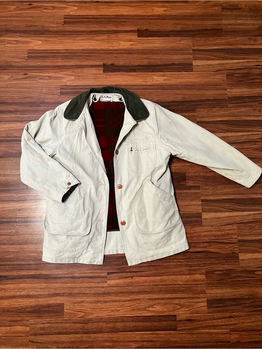 *SOLD* L.L. Bean Cream Canvas Jacket with Olive Collar and Red Plaid Lining - Picture 1 of 7